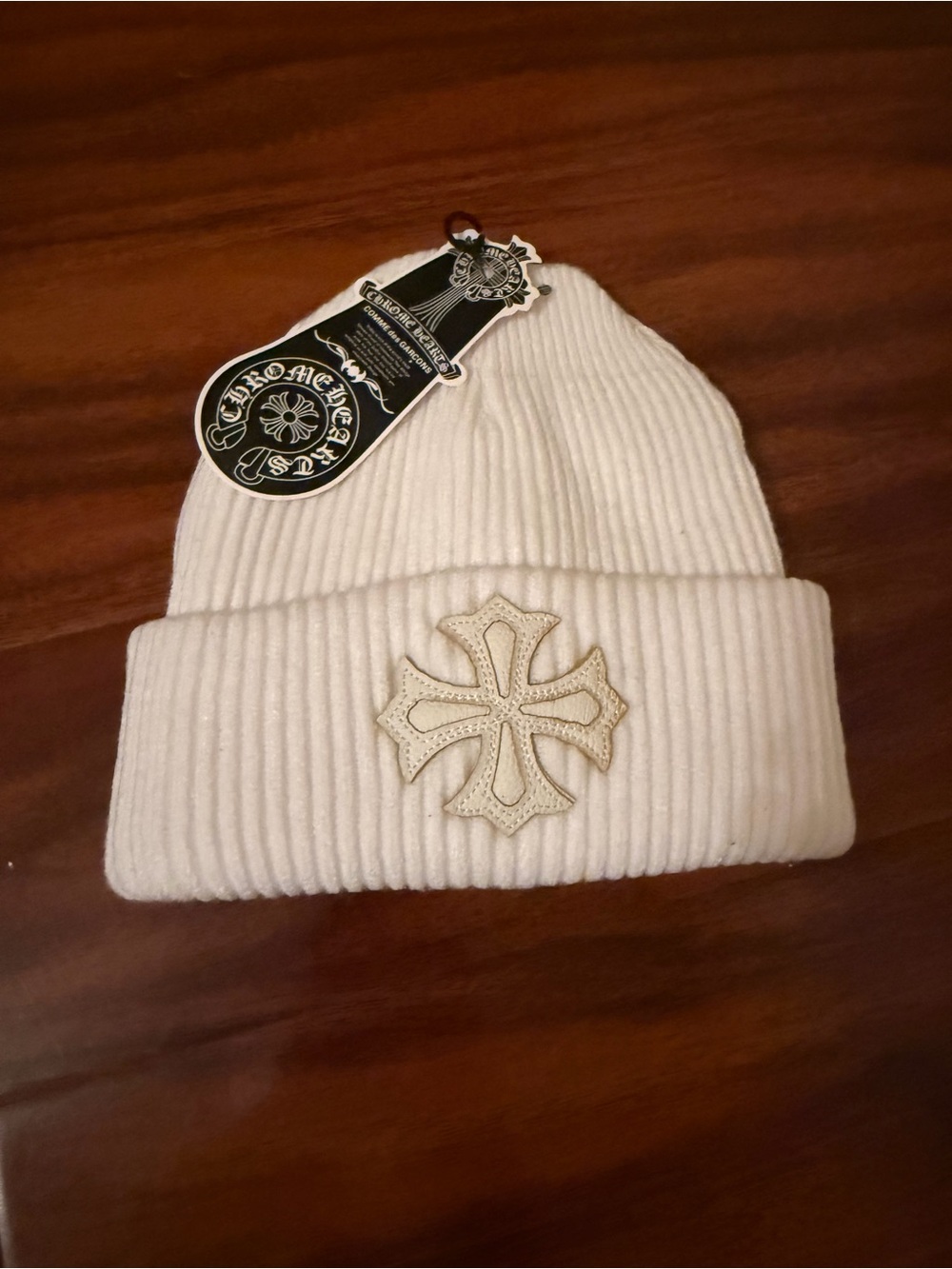 Chrome Hearts Cream Ribbed Beanie with Cross Patch